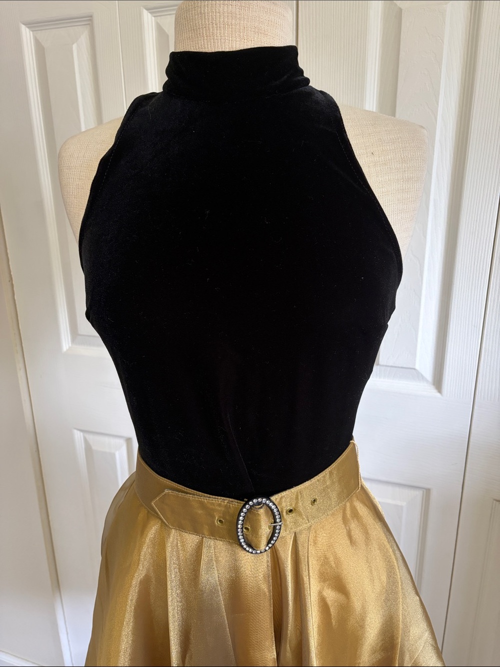 Vintage L.A. Glo  Black Halter Gold Organza Skirt Party Dress Prom Size 11/12